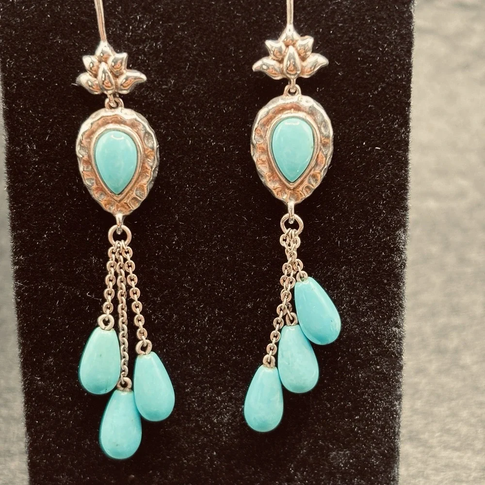 925 Sterling Silver Turquoise Dangle Earrings Floral Teardrop Boho Southwest